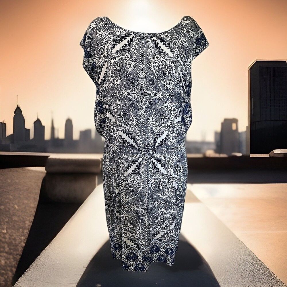 London Style Collection Blue Black Paisley Print Blouson A-Line Dress Sz 10